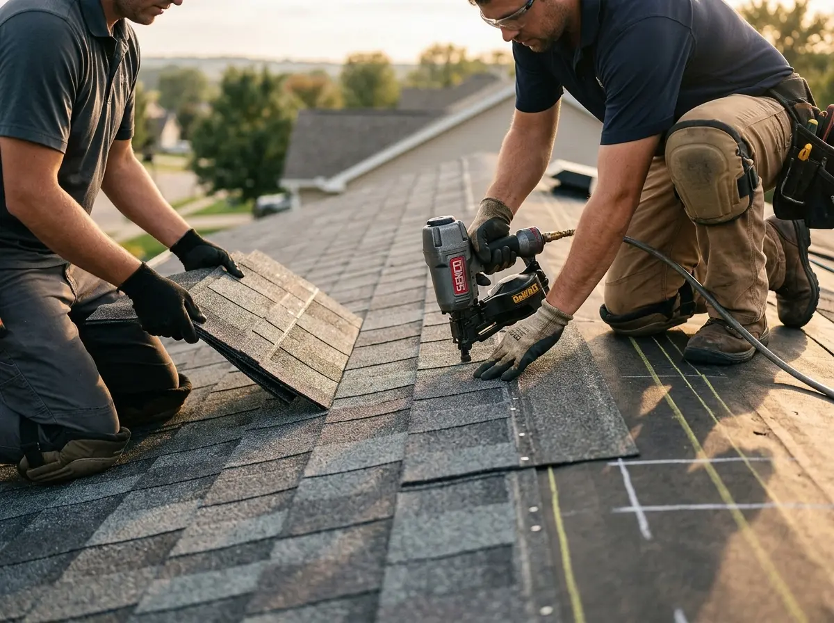 Professional roofer working on a residential roof in Scio